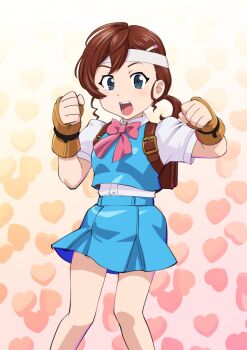 Rule 34 | 1girl, blue eyes, bow, breasts, brown hair, cosplay, fingerless gloves, gegege no kitarou, gloves, hair ornament, hairclip, headband, highres, inuyama mana, justice gakuen, looking at viewer, open mouth, pink bow, school uniform, shiritsu justice gakuen, short hair, skirt, solo, taiyou gakuen uniform, ueyama michirou, wakaba hinata