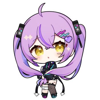 1girl :o ahoge black_shirt black_shoes black_shorts brown_thighhighs chibi chibi_only commentary_request crossed_bangs double-parted_bangs fishnet_thighhighs fishnets full_body hair_between_eyes hair_ornament heart heart_hair_ornament kashiwase_karune long_hair long_sleeves looking_at_viewer open_mouth pixel_heart purple_hair shinomiya_runa shirt shoes shorts simple_background single_thighhigh solo standing thighhighs transparent_background twintails virtual_youtuber vspo! yellow_eyes