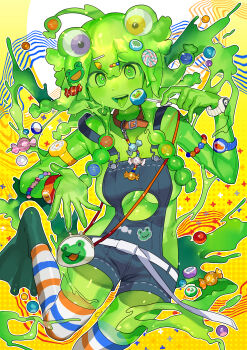 1girl absurdres ahoge blue_overalls blue_thighhighs breasts candy commentary food hair_ornament hairclip highres holding holding_candy holding_food holding_lollipop lollipop looking_at_viewer medium_breasts monster_girl multicolored_thighhighs open_mouth orange_thighhighs original overall_shorts overalls sakoku_(oyatsu3ji_) short_hair slime_girl solo striped_clothes striped_thighhighs symbol-only_commentary thighhighs tongue tongue_out watch white_thighhighs wristwatch