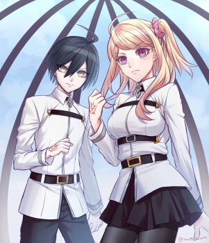 &gt;:( 1boy 1girl absurdres ahoge akamatsu_kaede aomi_ayu arm_at_side belt belt_buckle black_hair black_pants black_pantyhose black_skirt blue_sky blush breasts buckle clenched_hand closed_mouth collared_shirt command_spell cosplay cowboy_shot danganronpa_(series) danganronpa_v3:_killing_harmony dome eyebrows fate/grand_order fate_(series) fujimaru_ritsuka_(female) fujimaru_ritsuka_(female)_(cosplay) fujimaru_ritsuka_(male) fujimaru_ritsuka_(male)_(cosplay) hair_between_eyes hair_ornament hair_scrunchie highres indoors long_sleeves medium_breasts medium_skirt miniskirt one_side_up pants pantyhose purple_eyes ringed_eyes saihara_shuichi scrunchie shirt sidelocks skirt sky swept_bangs twitter_username underbust white_shirt wing_collar yellow_eyes