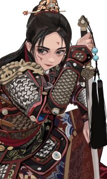 1girl arm_armor armor black_eyes black_hair chinese_armor chinese_clothes cuts hair_ornament hairpin highres holding holding_sword holding_weapon injury jian_(weapon) leaning_on_object long_hair looking_to_the_side original parted_bangs pauldrons red_ribbon red_trim ribbon scale_armor shoulder_armor shoulder_pads sidelocks simple_background sword tassel wani_(perfect_han) weapon white_background