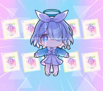 1girl arona_(blue_archive) blue_archive blue_eyes blue_hair bow_hairband braid chibi chibi_only closed_mouth commentary_request gacha_(game_mechanic) gameplay_mechanics hair_over_one_eye hairband halo long_sleeves multicolored_hair pink_hair sailor_collar saipaco school_uniform serafuku side_braid skirt sleeves_past_wrists solo white_hairband white_sailor_collar white_skirt