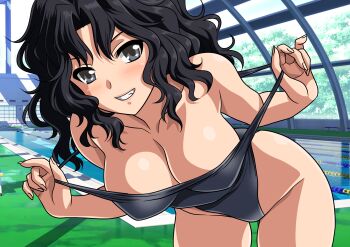 1girl alternate_breast_size_(larger) amagami bare_shoulders black_eyes black_hair blue_one-piece_swimsuit blush breasts cleavage clenched_teeth clothes_pull collarbone commentary_request competition_swimsuit cowboy_shot curly_hair day groin highleg highleg_one-piece_swimsuit highres indoors large_breasts leaning_forward medium_hair messy_hair one-piece_swimsuit one-piece_swimsuit_pull open_collar pool poolside solo swimsuit tanamachi_kaoru teeth window yuuyuu_(3jjbn)