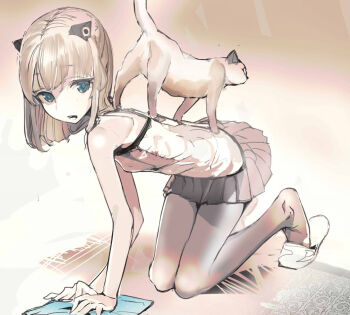 Rule 34 | 1girl, all fours, animal, animal on back, bare legs, bare shoulders, blonde hair, blue eyes, cat, female focus, gradient background, hair ornament, kneeling, miniskirt, open mouth, original, pantyhose, pleated skirt, skirt, sleeveless, slippers, solo, teeth, uturo