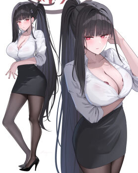 1girl alternate_costume arm_under_breasts asymmetrical_sidelocks black_hair black_pantyhose black_shoes black_skirt blue_archive blunt_bangs blush bra bra_visible_through_clothes breasts bright_pupils cleavage collarbone commentary_request fingernails halo high_heels high_ponytail highres large_breasts long_hair looking_at_viewer miniskirt multiple_views nail_polish office_lady own_hands_together pantyhose pencil_skirt ponytail red_bra red_eyes red_nails ringed_eyes rio_(blue_archive) shirt shoes shougun_(chuckni1) sidelocks skirt underwear very_long_hair white_pupils white_shirt