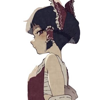 1girl alternate_hair_length alternate_hairstyle bare_shoulders black_hair blunt_bangs bow bright_pupils chest_sarashi closed_mouth commentary_request dot_mouth eyelashes from_side hair_bow hakurei_reimu hashtag-only_commentary looking_at_viewer purple_eyes red_bow sarashi short_hair sidelocks sideways_glance simple_background sokura_(mochichitose) solo touhou undercut upper_body very_short_hair white_background white_pupils