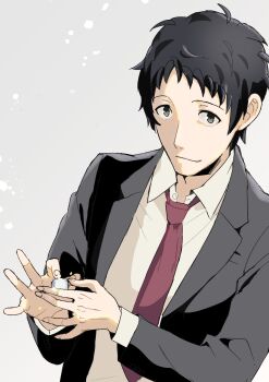 Rule 34 | 1boy, absurdres, adachi tooru, ajirostudio, black hair, black jacket, closed mouth, collared shirt, commentary request, formal clothes, grey background, grey eyes, highres, holding, jacket, long sleeves, looking at viewer, male focus, necktie, persona, persona 4, red necktie, shirt, short hair, simple background, solo, suit, upper body, white shirt