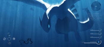 1girl absurdres asteroid_ill bubble commentary_request fake_screenshot gen_2_pokemon gen_3_pokemon highres legendary_pokemon lugia milotic minimap nintendo ocean pokemon pokemon_(creature) pokemon_focus rubble scenery size_difference submerged sunlight tail underwater user_interface water wide_shot wings