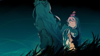 2girls absurdres blue_dress blue_hat commentary_request dress fujiwara_no_mokou grass hand_in_pocket hat highres holding_hands kamishirasawa_keine long_hair moso_sekai_kyokai multiple_girls ofuda ofuda_on_head outdoors red_eyes shirt smile tall_grass touhou white_hair white_shirt yuri