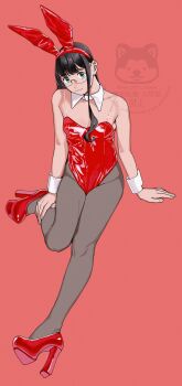 1girl absurdres alternate_costume animal_ear_hairband animal_ears black_hair black_pantyhose detached_collar fake_animal_ears glasses green_eyes hairband high_heels highres kantai_collection leotard long_hair looking_at_viewer ojipon ooyodo_(kancolle) pantyhose platform_shoes playboy_bunny rabbit_ears rabbit_tail red_background red_leotard red_shoes see-through_strap shoes solo strapless strapless_leotard tail watermark wrist_cuffs