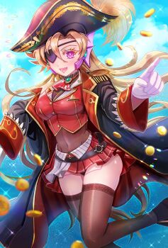 1girl ascot bicorne black_coat blonde_hair breasts choker coat coin cosplay cropped_jacket eyepatch frilled_choker frills hat highres hololive houshou_marine houshou_marine_(1st_costume) houshou_marine_(cosplay) jacket kiwakiwa large_breasts leather_belt leotard leotard_under_clothes long_hair marty_(mega_man) mega_man_(series) mega_man_x_(manga) mega_man_x_(series) miniskirt one_eye_covered pirate pirate_hat pleated_skirt purple_eyes red_ascot red_jacket red_skirt see-through_clothes see-through_leotard skirt solo virtual_youtuber