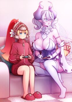 2girls :| akisame_rizu bare_legs bare_shoulders blonde_hair blue_eyes breasts chestnut_mouth cleavage closed_mouth controller demon_girl demon_horns demon_wings dress drill_hair duel_monster expressionless game_controller gamepad grey_eyes grey_hair helmet highres holding holding_controller holding_game_controller horns jacket jitome joy-con_2 knight_(yu-gi-oh!) large_breasts lovely_labrynth_of_the_silver_castle multiple_girls multiple_wings playing_games pointy_ears red_jacket sitting sketch strapless strapless_dress thighhighs track_jacket transparent_wings twin_drills twitter_username white_dress wings yu-gi-oh!