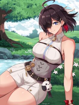 1girl ahoge atelier_(series) atelier_yumia bare_shoulders blue_eyes breasts brown_hair bush commentary corset dress english_commentary fgsketch flammi_(atelier) gloves grass grasslands hair_over_one_eye highres lake large_breasts looking_at_viewer medium_hair mole nature on_grass pond red_gloves red_streaks single_glove sitting solo tree white_dress yumia_liessfeldt