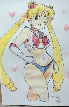 1girl bishoujo_senshi_sailor_moon blonde_hair choker crop_top earrings elbow_gloves gloves jewelry long_hair one_eye_closed sailor_moon smile tani_gorira tiara traditional_media tsukino_usagi twintails underwear