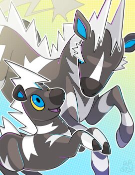Rule 34 | black fur, blitzle, blue eyes, colored sclera, evolutionary line, fadedleara, gen 5 pokemon, nintendo, no humans, open mouth, pokemon, pokemon (creature), two-tone fur, white fur, yellow sclera, zebra, zebstrika