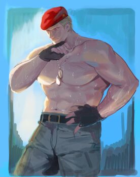 1boy absurdres bara belt beret black_belt black_gloves blonde_hair fingerless_gloves gloves grey_pants hat highres jack_krauser jewelry large_pectorals male_focus muscular muscular_male navel necklace on_(isk1812) pants pectorals resident_evil resident_evil_4 resident_evil_4_(remake) scar scar_across_eye scar_on_face short_hair solo sweat