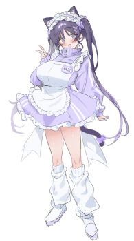 1girl animal_ears apron au_au08 blush breasts cat_ears cat_girl cat_tail commentary eyeliner frilled_apron frilled_skirt frills full_body genderswap genderswap_(mtf) genshin_impact hair_between_eyes hand_up highres jacket jersey_maid kemonomimi_mode large_breasts long_hair long_sleeves looking_at_viewer maid maid_apron maid_headdress makeup open_mouth purple_eyes purple_hair purple_jacket purple_skirt red_eyeliner scaramouche_(genshin_impact) shoes short_hair simple_background skirt smile socks solo symbol-only_commentary tail track_jacket twintails unconventional_maid v white_apron white_background white_shoes white_socks