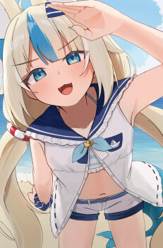 Rule 34 | 1girl, animal ears, blonde hair, blue eyes, blue hair, breasts, commentary, highres, indie virtual youtuber, kurushiro1102, long hair, multicolored hair, navel, sailor collar, sameko saba, sameko saba (1st costume), shorts, small breasts, solo, twintails, virtual youtuber