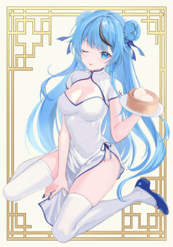 1girl :p black_streaks blue_eyes blue_hair blue_nails blue_ribbon blue_shoes breasts china_dress chinese_clothes cleavage cleavage_cutout closed_mouth clothing_cutout commission double_bun dress food hair_bun hair_ribbon holding holding_tray long_hair looking_at_viewer mandarin_collar medium_breasts minatoyui3710 multicolored_hair one_eye_closed original pelvic_curtain ribbon shoes side_slit side_up_bun sitting skeb_commission solo steamed_bun streaked_hair thighhighs tight_clothes tight_dress tongue tongue_out tray wariza white_dress white_thighhighs