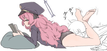 1boy 1girl ass blue_archive book face_in_ass fluffy_hair grey_eyes halo hat holding holding_book iroha_(blue_archive) lying military_hat on_stomach peaked_cap purple_halo red_hair sensei_(blue_archive) simple_background tank1000ml white_background