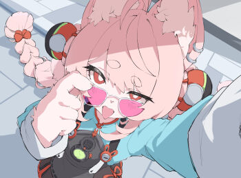 1girl adjusting_eyewear animal_ear_fluff animal_ear_piercing animal_ears blush braid braided_twintails bright_pupils commentary english_commentary from_above furry furry_female green_shirt gueya highres long_hair looking_at_viewer pink-tinted_eyewear pink_fur pink_hair rabbit_ears rabbit_girl red_eyes shirt short_eyebrows sketch solo thick_eyebrows tinted_eyewear tongue tongue_out upper_body white-framed_eyewear white_pupils zenless_zone_zero zhao_(zenless_zone_zero)