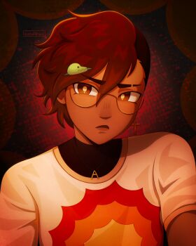 1girl alternate_costume alternate_universe artist_name bright_pupils brown_eyes brown_hair commentary dark-skinned_female dark_skin english_commentary glasses hair_ornament highres jewelry kim_(omori) necklace omori semi-rimless_eyewear shirt short_hair short_sleeves solo under-rim_eyewear upper_body white_pupils white_shirt zoewillowz