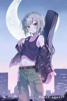 1girl belt black_jacket black_tank_top blush closed_mouth green_eyes green_pants grey_hair highres hinomori_shiho jacket looking_at_viewer midriff moca_mame39 moon navel open_clothes open_jacket open_shirt pants plectrum project_sekai short_hair smile solo stomach tank_top