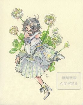 antenna_hair black_hair boots clover colored_pencil_(medium) detached_sleeves dress hand_on_skirt hand_over_face high_heel_boots high_heels highres idolmaster idolmaster_(classic) kago_ya765 kikuchi_makoto looking_at_viewer parted_bangs traditional_media white_dress yellow_background