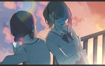 2girls absurdres against_railing bow bowtie cellphone cloud commentary_request covered_face dress_shirt facing_another facing_to_the_side from_behind girls_band_cry glasses hair_ribbon hand_on_own_arm highres hina_(girls_band_cry) holding holding_phone iseri_nina kuji_(orca9ji) long_sleeves low_twintails multiple_girls open_mouth phone pleated_skirt railing ribbon school_uniform shirt skirt sky smartphone teeth twintails upper_teeth_only