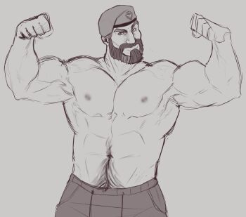1boy 3intlar absurdres bara beard biceps brimstone_(valorant) broad_shoulders brown_hair connected_beard cropped_legs facial_hair flexing grey_background gym_shorts hat highres male_focus mature_male military_hat muscular muscular_male navel nipples pectorals raised_eyebrow shorts simple_background solo strongman_waist two-tone_beard valorant