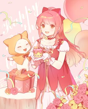 1girl ^_^ absurdres ahoge animal balloon baronet bead_bracelet beads birthday birthday_cake bow bowtie bracelet brown_eyes cake cat chinese_commentary choker cloak closed_eyes clothed_animal collarbone commentary_request cowboy_shot dress ear_covers earrings eyelashes far_and_away_(infinity_nikki) flower food gift gloves hair_bow happy_birthday high_ponytail highres holding holding_plate hood hood_up hooded_cloak infinity_nikki jewelry layered_dress leaf light_blush long_hair looking_at_viewer momo_(nikki) neck_flower nikki_(nikki) nikki_(series) open_mouth pink_background pink_flower pink_hair pink_rose plate pleated_dress ponytail puffy_short_sleeves puffy_sleeves red_bow red_bowtie red_choker red_dress ribbon rose short_sleeves shoulder_bow smile standing streamers table traditional_bowtie very_long_hair wavy_hair white_cat white_dress white_gloves yellow_cloak yellow_flower yellow_ribbon