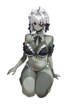 Rule 34 | 1girl, 8-ball, absurdres, arm garter, bikini, black bikini, black bow, bow, bowtie, breasts, brown bow, brown bowtie, colored skin, commission, detached collar, frilled bikini, frills, front-tie bikini top, front-tie top, green skin, grey hair, hair bow, hair intakes, highres, large breasts, looking at viewer, maid, maid bikini, maid headdress, mismatched eyes, nangmanheeyou, navel, original, parted lips, patchwork skin, seiza, short hair, simple background, sitting, solo, stitched arm, stitched face, stitched leg, stitched torso, stitches, swimsuit, thighs, unconventional maid, white background, wing collar, zombie