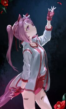 1girl animal_ears bandaid bandaid_on_leg bow breasts buruma closed_mouth commentary ear_bow ear_covers fingerless_gloves flower flower-shaped_pupils flower_in_eye gloves hairband haru_urara_(bestest_prize)_(umamusume) haru_urara_(umamusume) headband highres horse_ears horse_girl horse_tail inishie_kumo jacket long_hair pink_buruma pink_eyes pink_hair pink_headband ponytail red_buruma red_gloves red_headband shirt small_breasts solo symbol-shaped_pupils symbol_in_eye tail umamusume white_jacket white_shirt