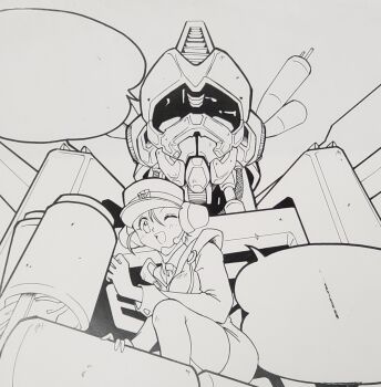 1girl autobot blank_speech_bubble greyscale hat headset highres in_palm jacket lineart makishima_(maxtfex) mecha monochrome omega_prime one_eye_closed open_mouth portrait robot smile speech_bubble squatting super_robot t-ai_(transformers) thighhighs transformers transformers_car_robots