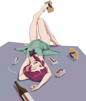 Rule 34 | 1girl, alcohol carton, barefoot, blush, bocchi the rock!, bottle, bottomless, colored pubic hair, covered navel, dress, drink carton, drinking straw, drunk, female pubic hair, flat chest, full body, geta, green dress, highres, hiroi kikuri, leg up, looking at viewer, lying, medium hair, nail polish, on back, on floor, one eye closed, open mouth, pubic hair, purple eyes, purple hair, sake bottle, sharp teeth, shoe dangle, shoes, single shoe, smile, soles, solo, suwafro, teeth, tiptoes, toes, upper teeth only