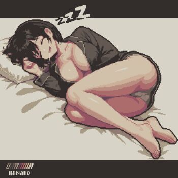 Rule 34 | 1girl, bare legs, barefoot, black hair, breasts, cleavage, closed eyes, collarbone, fetal position, full body, highres, large breasts, lying, open clothes, open mouth, open shirt, original, pajamas, panties, pillow, pixel art, saliva, saliva trail, short hair, sleeping, smile, solo, specialhanako, toes, underwear, zzz