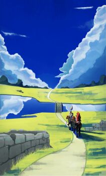 1girl 2boys absurdres blue_sky bridge cloud eris_greyrat from_behind grass highres holding holding_polearm holding_weapon horse lake landscape mai82880647 multiple_boys mushoku_tensei path polearm red_hair road rudeus_greyrat ruijerd_superdia sky spear stone_wall weapon wide_shot