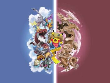 ;3 ;d absurdres aerodactyl amargasaurus ammonite animal anomalocaris anorith archaeopteryx archeops artist_request aurorus brown_hat clothed_pokemon cloud cranidos dinosaur gen_1_pokemon gen_3_pokemon gen_4_pokemon gen_5_pokemon gen_6_pokemon hat highres holding horseshoe_crab kabuto_(pokemon) nintendo no_humans official_art omanyte one_eye_closed open_mouth pachycephalosaurus pikachu pokemon pokemon_(creature) prehistoric_animal protoceratops pterosaur sharp_teeth shieldon smile teeth third-party_source tyrannosaurus_rex tyrantrum