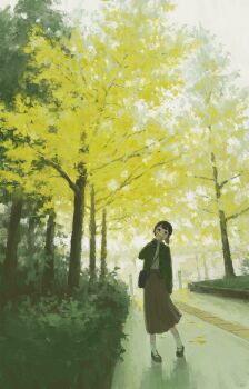 1girl ankle_socks backlighting bag black_bag black_shoes blunt_bangs blush brown_hair brown_skirt covering_nose day dutch_angle fjsmu full_body ginkgo_leaf ginkgo_tree green_vest highres leaf loafers looking_at_viewer original outdoors park scenery shirt shoes short_hair shoulder_bag skirt socks solo tree vegetation vest walkway white_shirt