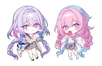2girls black_skirt braid candy castorice_(honkai:_star_rail) castorice_(luckin_coffee)_(honkai:_star_rail) chibi chibi_only closed_mouth coat crop_top cup cyrene_(demiurge)_(honkai:_star_rail) cyrene_(honkai:_star_rail) cyrene_(nylon_japan)_(honkai:_star_rail) diamond-shaped_pupils diamond_(shape) disposable_coffee_cup disposable_cup food grey_coat grey_skirt hairband holding holding_candy holding_cup holding_food holding_lollipop honkai:_star_rail honkai_(series) jacket lollipop long_hair looking_at_viewer merchandise merchandise_available miko_(royal_milk) multiple_girls navel pink_hair pointy_ears purple_eyes purple_hair purple_hairband skirt smile symbol-shaped_pupils twin_braids white_jacket