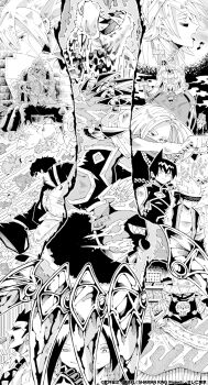 1girl 6+boys :3 armor asakura_hao asakura_yoh bare_shoulders battle blood cape chocolove_mcdonell copyright_name fighting frankenstein_(shaman_king) hairband headphones highres injury jewelry johann_faust_viii lips long_hair looking_at_another looking_at_viewer looking_to_the_side lyserg_diethel marco_lasso mic_(shaman_king) monochrome multiple_boys multiple_girls necklace official_art oyamada_manta peyote_diaz possessed possession radim_(shaman_king) sequential shaman_king siblings smile spiked_hair sweat sword tao_ren tears translation_request usui_horokeu very_long_hair violence walking weapon