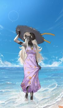 1girl absurdres adjusting_clothes adjusting_headwear arm_up armpits au_ra bare_shoulders beach bird black_horns blue_eyes blue_sky bow breasts character_request colored_skin commentary commission day dress dress_bow english_commentary final_fantasy final_fantasy_xiv floral_print freckles full_body grey_shoes grey_skin hat highres horns kobi420 light_particles long_hair looking_to_the_side medium_breasts nose ocean on_water open_mouth original outdoors partially_shaded_face purple_dress shoes sky solo standing starfish straw_hat sun teeth white_hair yellow_bow