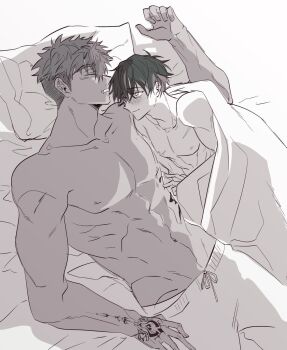 2boys abs arm_tattoo belly biceps blanket blue_eyes blue_hair blush closed_eyes collarbone dark-skinned_male dark_skin drooling ear_piercing greyscale highres inukai_yuto looking_at_another male_focus monochrome multiple_boys muscular muscular_male navel nipples on_bed orange_hair pale_skin paradox_live piercing pillow serratus_anterior shadow short_hair shorts size_difference sleeping sleeping_on_person smile stomach_tattoo tattoo tobako topless_male tosa_ryoga under_covers underwear white_shorts yaoi