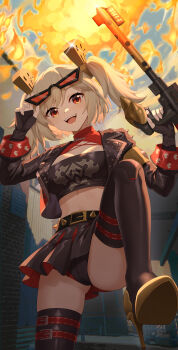 Rule 34 | 1girl, :d, absurdres, adjusting eyewear, belt, black belt, black jacket, black panties, black skirt, black tube top, blonde hair, breasts, burnice white, cleavage, collar, commentary, eyewear on head, fire, flame print, flamethrower, hair ornament, highres, holding, holding flamethrower, holding weapon, jacket, large breasts, leg up, looking at viewer, midriff, miniskirt, open clothes, open jacket, open mouth, orange-tinted eyewear, orange eyes, panties, pleated skirt, qi xuan, red collar, short hair, skirt, smile, solo, strapless, teeth, thighs, tinted eyewear, tube top, twintails, underwear, upper teeth only, weapon, zenless zone zero
