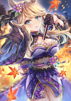Rule 34 | 1girl, akami770, animal ears, autumn leaves, black gloves, blonde hair, blue eyes, blush, breasts, cleavage, commentary request, detached sleeves, flower, frilled kimono, frills, gloves, gold city (autumn cosmos) (umamusume), gold city (umamusume), hair flower, hair ornament, highres, horse ears, horse girl, japanese clothes, kimono, large breasts, leaf, long hair, looking at viewer, obi, official alternate costume, parted lips, purple kimono, reaching, reaching towards viewer, sash, sleeveless, sleeveless kimono, smile, umamusume, waist ribbon