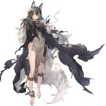 1girl absurdres animal_ears bandaged_arm bandages barefoot belt black_cloak black_hair brown_eyes cloak gradient_hair hair_between_eyes heterochromia highres lock momo_(sword_of_convallaria) multicolored_hair non-web_source official_art padlock padlocked_collar rags scar scar_across_eye scar_on_face single_ankle_cuff solo sword_of_convallaria tail torn_cloak torn_clothes white_eyes white_hair