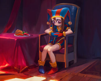 1girl absurdres asymmetrical_footwear asymmetrical_legwear blue_eyes blue_gloves blue_shoes brown_hair chair commentary eye_twitch frown geniski66 gloves hat hat_bell highres interlocked_fingers jester jester_cap jester_costume mismatched_footwear mismatched_legwear multicolored_eyes plate pomni_(the_amazing_digital_circus) red_eyes red_gloves red_shoes rug shoes sitting solo striped_clothes striped_headwear table the_amazing_digital_circus two-tone_eyes two-tone_hat vertical-striped_bodysuit vertical-striped_clothes vertical-striped_headwear wooden_floor