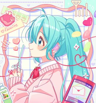 Rule 34 | 1girl, absurdres, ahoge, aqua hair, blue eyes, blush, bow, bowtie, closed mouth, commentary request, double-parted bangs, drop shadow, from side, hair between eyes, hatsune miku, heart, highres, long hair, long sleeves, pink sweater, profile, red bow, red bowtie, senotarou, smile, solo, sweater, twintails, upper body, vocaloid