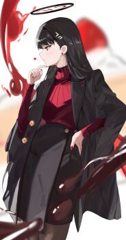 1girl absurdres alcohol alternate_costume black_coat black_hair blue_archive breasts coat formal_clothes halo hand_on_own_face highres icetabetaaii large_breasts long_hair looking_to_the_side millennium_science_school_logo nail_polish pencil_skirt red_eyes red_sweater rio_(blue_archive) skirt smile solo suit sweater wine