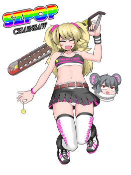 Rule 34 | 2girls, :d, absurdres, alternate costume, alternate hairstyle, animal ears, assha (schector), belt, black skirt, black sports bra, blonde hair, braid, breasts, brown belt, candy, chainsaw, cheerleader, closed eyes, commentary request, cookie (touhou), copyright name, food, full body, grey hair, highres, holding, holding candy, holding chainsaw, holding food, holding lollipop, jumping, kirisame marisa, lollipop, lollipop chainsaw, long hair, midriff, miniskirt, mouse ears, multiple girls, navel, nazrin, nyon (cookie), open mouth, panties, pleated skirt, rainbow text, red eyes, shoes, side braid, simple background, single braid, skirt, small breasts, smile, sneakers, sports bra, star (symbol), suzu (cookie), thighhighs, touhou, two side up, underwear, white background, white footwear, white panties, white thighhighs